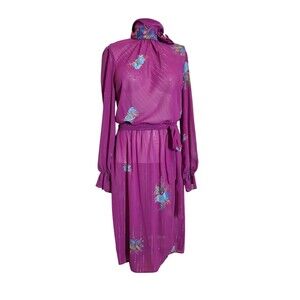 Rusty's Place VTG 70s Chiffon Dress Floral Metallic Poet Sleeves Magenta Sz XS